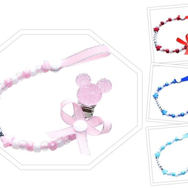 Personalised Dummy Clip Pacifier Holder Dummy Chain Silver Edge Ribbon Mickey Mouse Ear Bling Head Dummy Holder