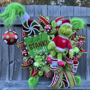 Grinch Christmas Wreath; Green Monster Wreath; Whimsical Holiday Decor; Christmas Door Decor; Red and Green Whimsy Wreath
