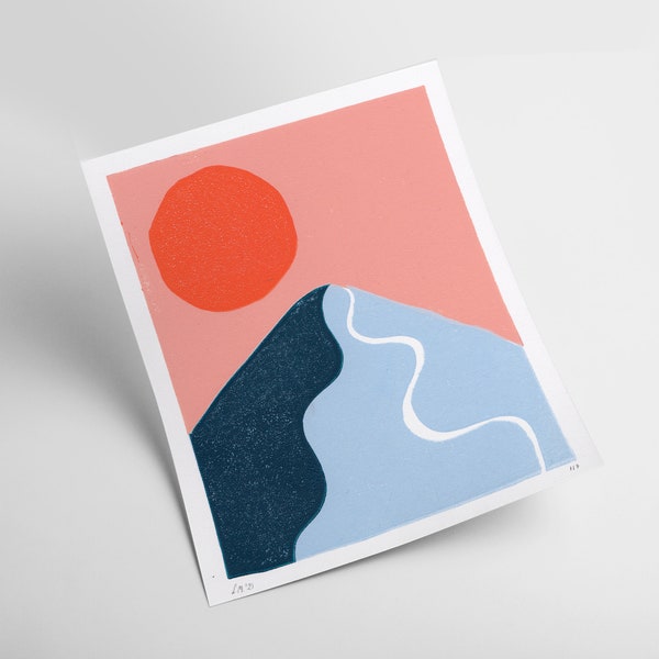 winter sunset - abstract linocut print – 20 x 17 cm – limited edition