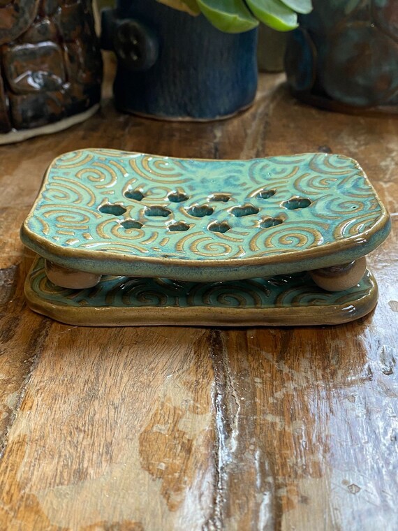 Large Green Stone Soap Dish With Drain, Rustic Soap Tray for