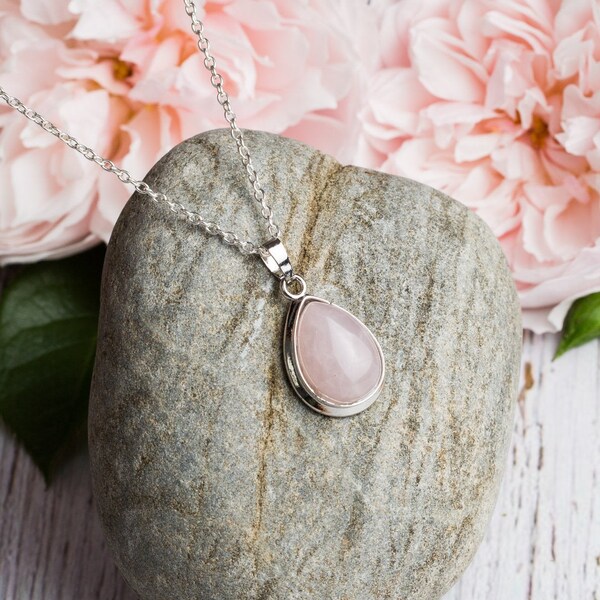 Rose Quartz Teardrop Pendant Necklace | Gemstone Pendant | Natural Gemstone Necklace | Love Stone