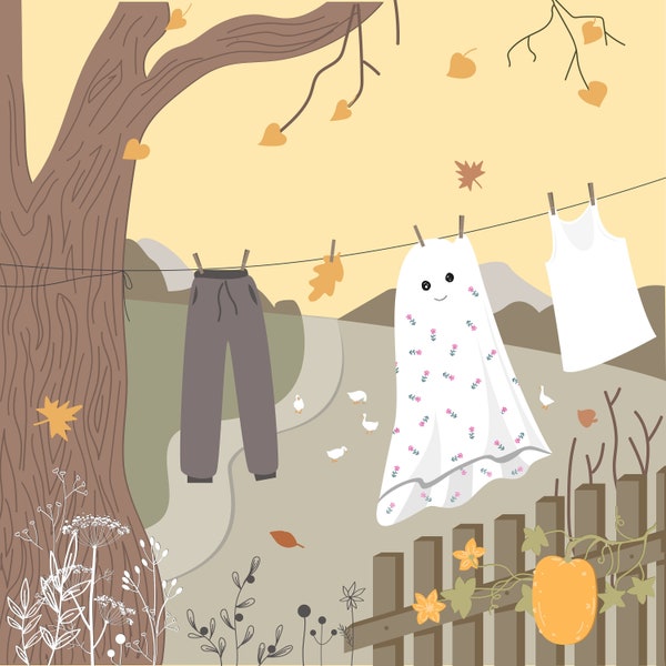 Autumn rustic landscape with laundry and cute ghost sheet drying on the rope. Funny autumn mood digital illustration. EPS and JPG file