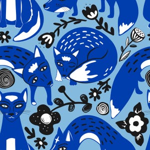 Cute stylish blue fairy foxes in doodle meadow flowers seamless pattern, digital illustration. EPS, SVG, and JPG file