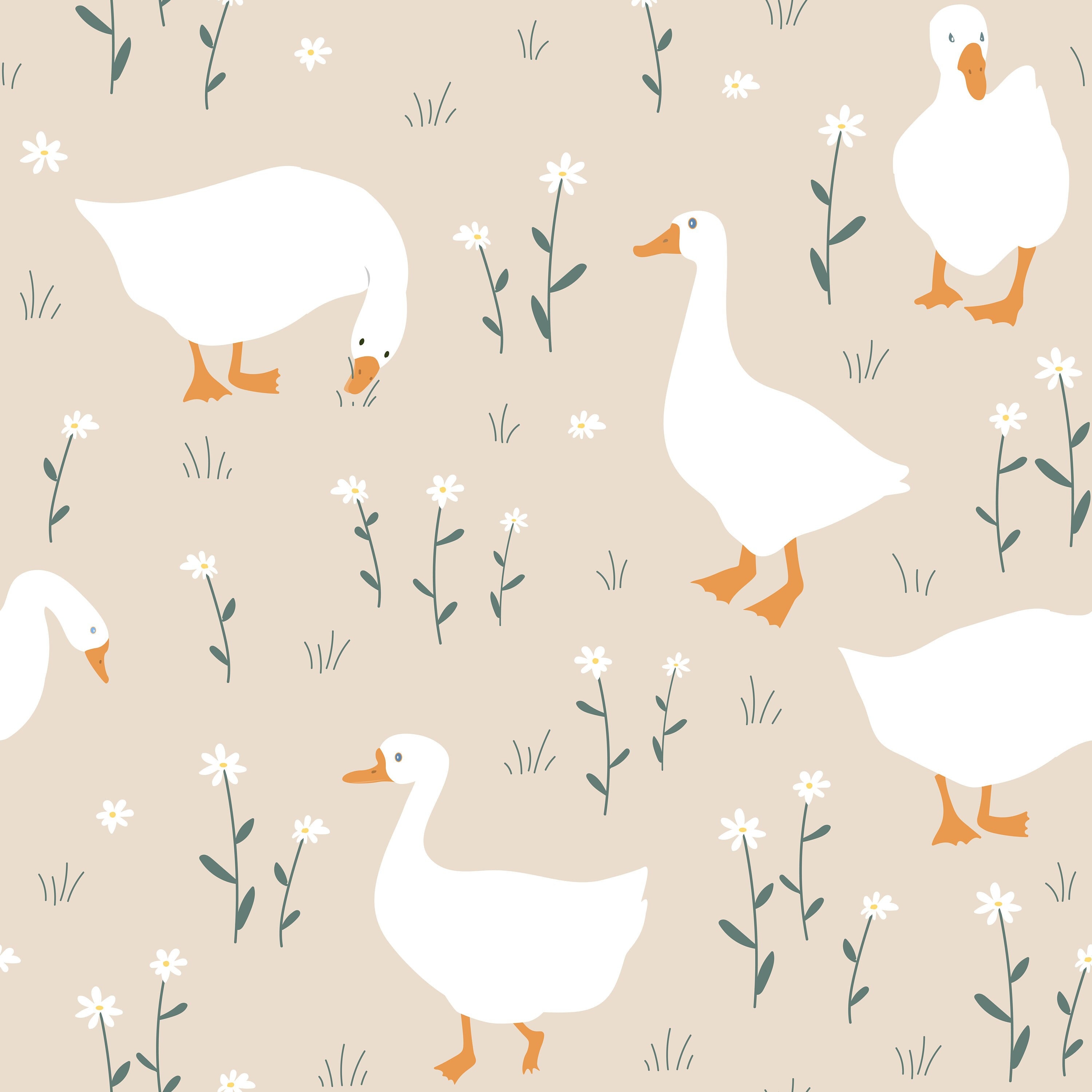 Cute Seamless Pattern With Goose and Doodle Flowers. JPG, PNG, and EPS