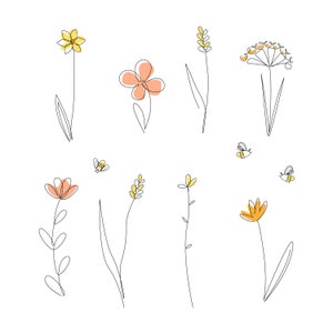 Meadow Plants and Bees in Continuous Line Drawing Style. ESP, and PNG digital files