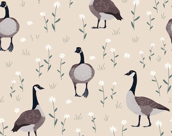 Seamless pattern with daisy flower and Canada geese birds. JPG, PNG, and EPS digital file