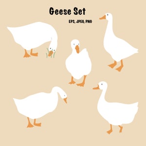 Cute white geese set. Goose isolated collection. Cartoon illustration, JPG, ESP, and PNG Digital File