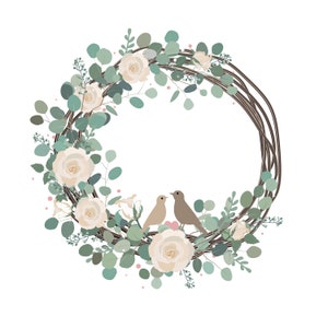 Couronne élégante et mignonne avec l’eucalyptus argenté de dollar, roses, et illustration coupledigital d’oiseaux. Carte de Pâques ou de mariage, décor à la maison