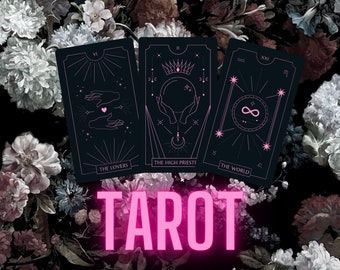 May include: Three tarot cards with black backgrounds and pink outlines. The cards are The Lovers, The High Priestess, and The World. The cards are arranged in a row with the word "TAROT" in pink letters below them.
