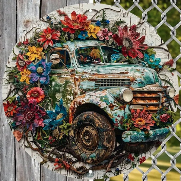 1pc 8x8 inch Aluminum Metal Circular Wreath Sign with Floral and Vintage Truck Design Perfect for Home Decor, and Pet Lovers. Free Shipping!