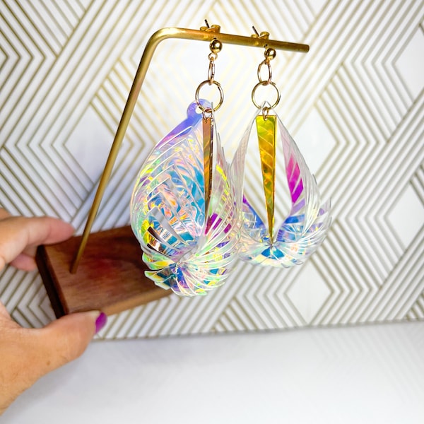 Holographic Vinyl Earrings, Suncatcher Earrings, Rave outfit, Unique Quirky Gift for her, Clip on earrings, Y2k Jewelry, Iridescent Earrings