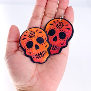 Halloween Sugar Skull Earrings Day of the Dead Iridescent Drop Earrings Faux Leather Jewelry Dia De Los Muertos Earrings Boho Gift for Her