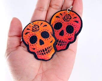 Halloween Sugar Skull Earrings Day of the Dead Iridescent Drop Earrings Faux Leather Jewelry Dia De Los Muertos Earrings Boho Gift for Her