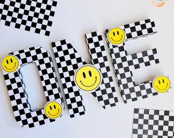 Happy Dude Birthday, Checkered Smiley Face Party Decor, photo prop centerpiece