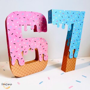 67 birthday decor, I as 6 now I am 7 party, six seven trend 3D numbers centerpiece, ice cream theme, drip afbeelding 3