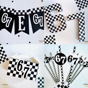 May include: Black and white checkered party decorations with the number 67. Includes a banner, large number cutouts, a gift box, and decorative straws. The decorations are suitable for a birthday or racing-themed event.