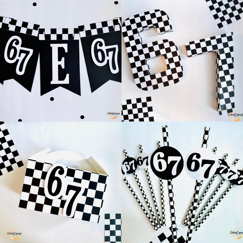 May include: Black and white checkered party decorations with the number 67. Includes a banner, large number cutouts, a gift box, and decorative straws. The decorations are suitable for a birthday or racing-themed event.