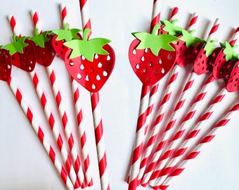 strawberry birthday decor, berry party, strawberry paper straws