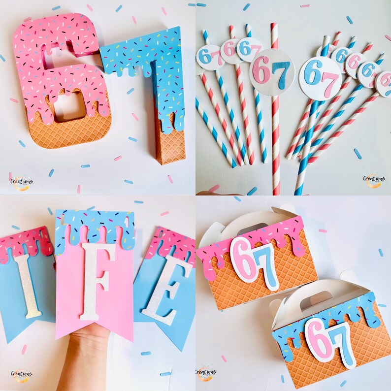 67 birthday decor, I as 6 now I am 7 party, six seven trend 3D numbers centerpiece, ice cream theme, drip afbeelding 5