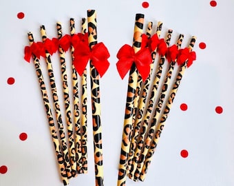 Cheetah party decor, red coquette birthday, leopard straws, bow themed