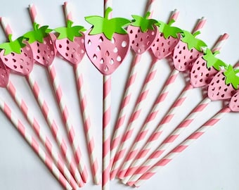 Strawberry birthday party decor, Pink Strawberry paper straws