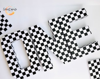 Fast One party decor, racing birthday, black and white checkered centerpiece