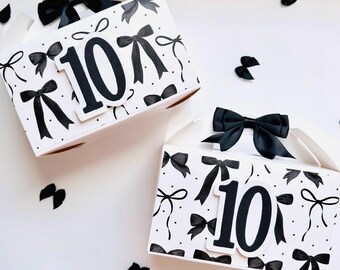 Black coquette party decor, bow birthday, black favor box