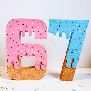 67 birthday decor, I as 6 now I am 7 party, six seven trend 3D numbers centerpiece, ice cream theme, drip afbeelding 2
