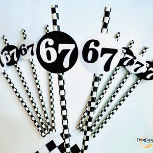 May include: Black and white party decorations featuring the number 67. The decorations include circular toppers with the number 67 in a bold font, and checkered straws. The overall design is a racing theme.