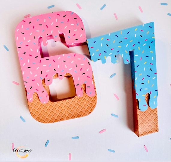 67 birthday decor, I as 6 now I am 7 party, six seven trend 3D numbers centerpiece, ice cream theme, drip