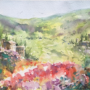 Tuscan landscape with medieval houses, cypresses and wildflowers in Italy, Original Art, Living Room Gift Office decor Lobby bedroom