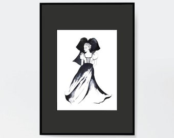 Black and white painting of an Alsatian woman in a dress