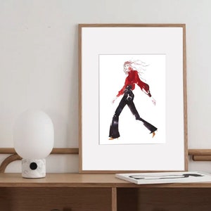 Modeschets van een vrouw in spijkerbroek, aquarel, feministische tekening, mode-illustratie