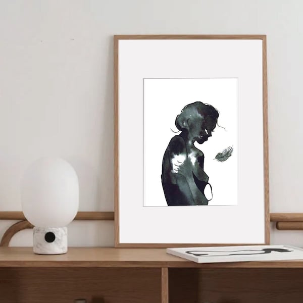 Aquarelle minimaliste et abstraite d’une femme dénudée en noir et blanc