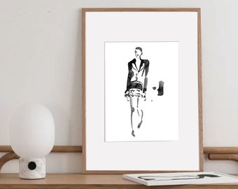 Aquarelle minimaliste d’une silhouette de mode en noir et blanc, figurine de mode, petite robe noire, runway style, illustration de mode