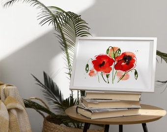 Illustration botanique de coquelicots, aquarelle estivale, fleurs d'été, dessin de fleurs sauvages, champ de coquelicots, peinture abstraite