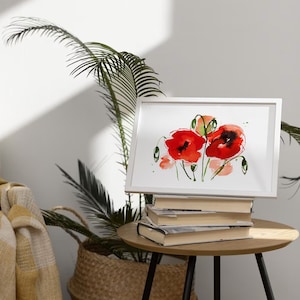 Botanische Illustration von Mohnblumen, Sommeraquarell, Sommerblumen, Wildblumenzeichnung, Mohnfeld, abstrakte Malerei