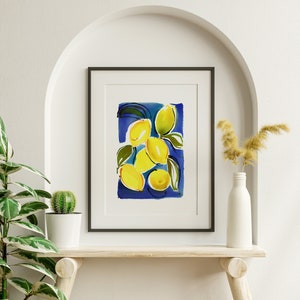 Botanische illustratie van gele citroenen op een blauwe achtergrond, zomerwaterverf, zomerfruit, citrustekening, Zuid-Frankrijk, citroenboom