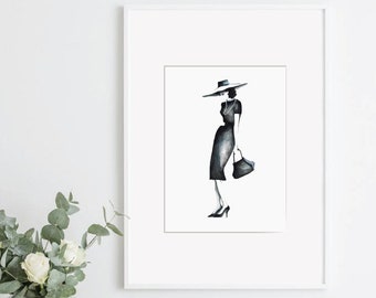 Vintage painting of a fashion silhouette in black and white for home decor