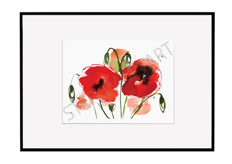 Illustration botanique de coquelicots, aquarelle estivale, fleurs d'été, dessin de fleurs sauvages, champ de coquelicots, peinture abstraite image 3