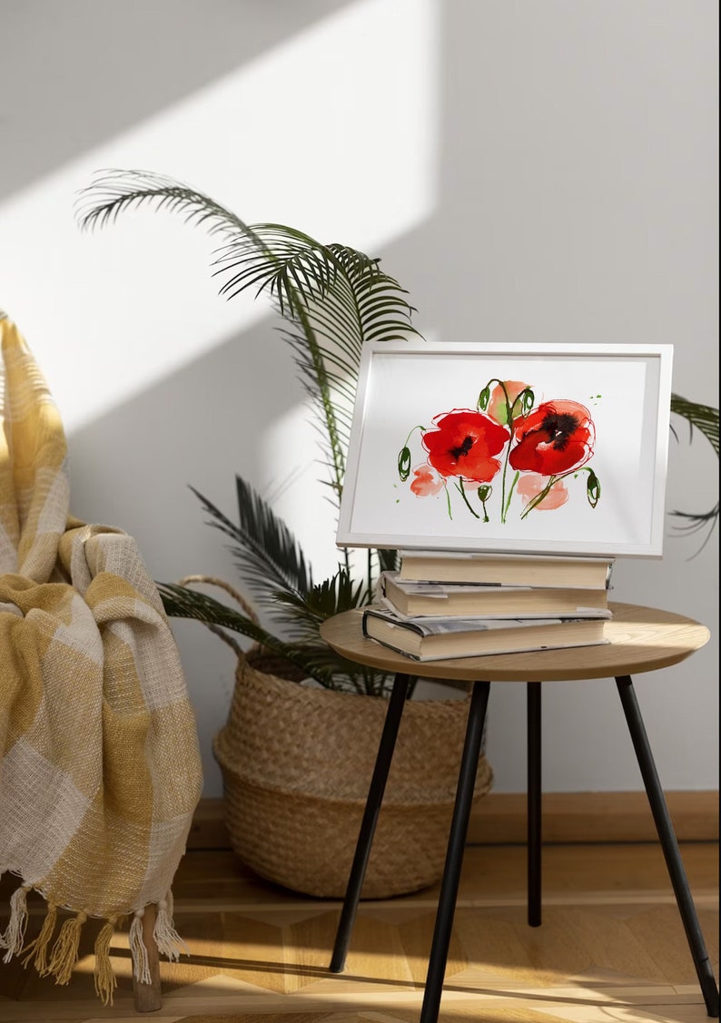 Illustration botanique de coquelicots, aquarelle estivale, fleurs d'été, dessin de fleurs sauvages, champ de coquelicots, peinture abstraite image 1