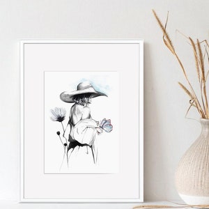 Illustration mode d'une femme au dos nu et chapeau à l'encre de chine image 2