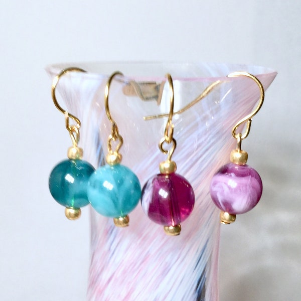 Elegant Gold Bead Dangle Earrings (Fishook Style) with Marble Stone Effect, Classic Minimalist Jewellery Gift for Her