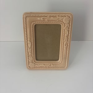 May include: A rectangular picture frame in a pale peach color featuring a raised relief design of flowers and scrolling vines along the border. The frame has a rope-like texture bordering the inner opening and a smooth, neutral-toned backing.