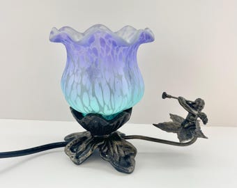 Vintage Hand Blown Blue Purple Cherub Fairy Flower Tulip Accent Lamp