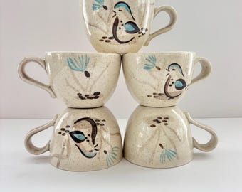 Vintage Mid Century Modern Red Wing Pottery Bob White Quail Pattern Tea Cups