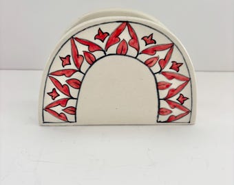 Vintage Hand Painted Ceramic Red White Geometric Floral Napkin Holder