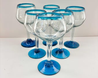 Vintage Mexican Artisan Hand Blown Wine Glasses Goblets
