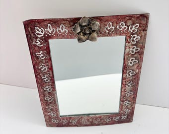 Brick Red Vintage Artisan Metalwork Mexican Tin Ornate Wall Mirror with  Decorative Flower