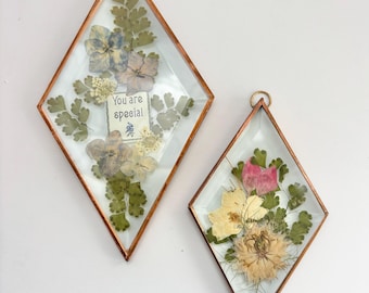 Set of Two Vintage Pressed Flower Copper Beveled Glass Suncatchers